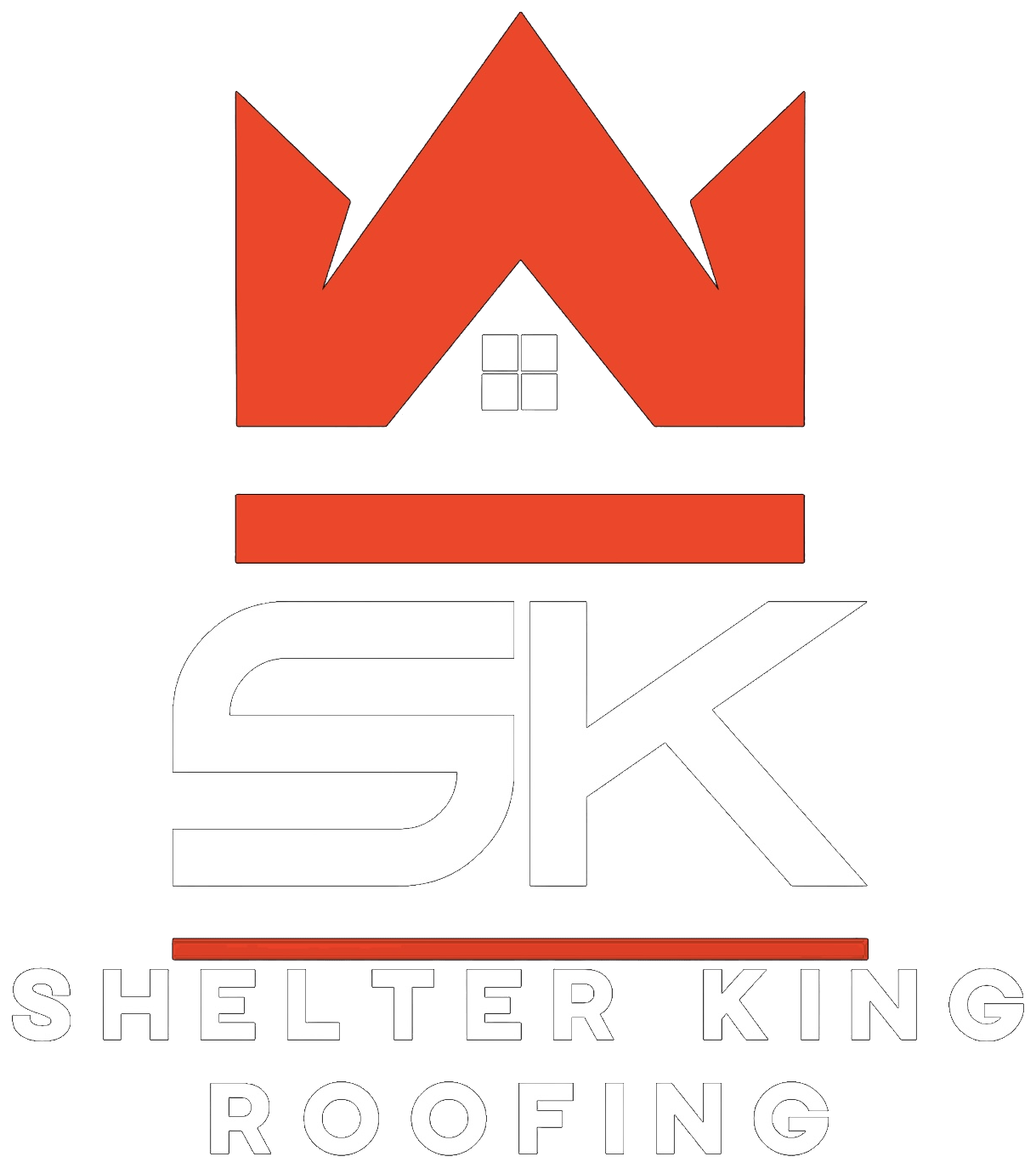 Shelter King Roofing red crown above SK logo
