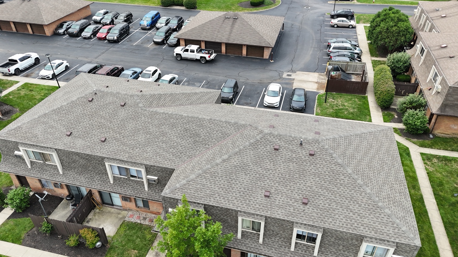 Roofing project photographed by drone